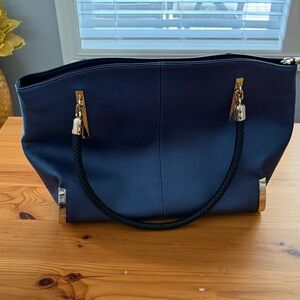 FOXER Blue Leather Tote Bag with Braided Handles